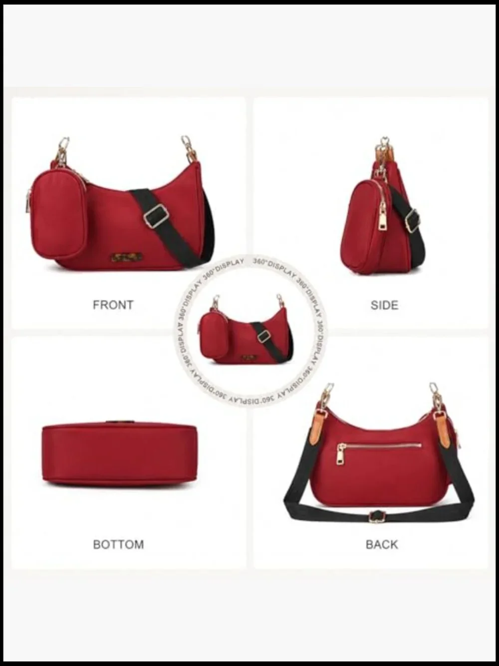 Crescent Hobo Crossbody Bag with Detachable Pouch & Two Straps